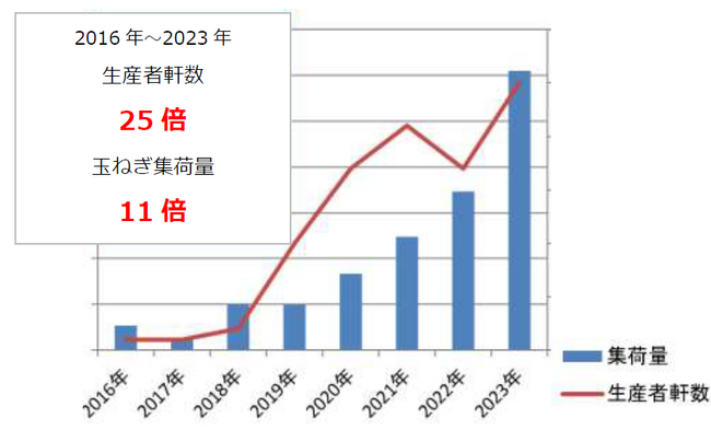 大月市産の新玉ねぎ生産者軒数と集荷量の推移(2016 年～2023 年)