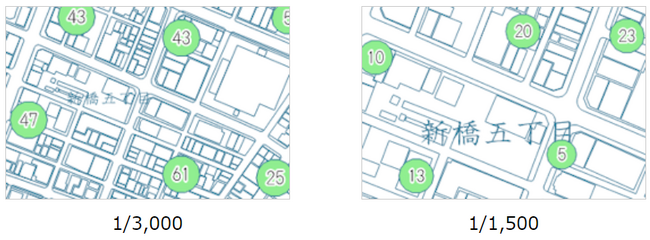 クラスタ主題図：表示スケールに応じて地図上の建物棟数を表示した例