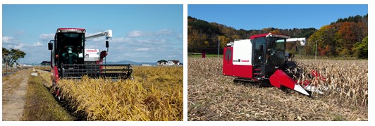 ＜「リールヘッダーによる稲収穫作業（左）とコーンヘッダー装着による子実用とうもろこし収穫作業（右） イメージ＞
