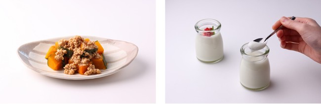 左：ライスジュレのそぼろあん、右：牛乳と混ぜるだけの簡単ミルクプリン