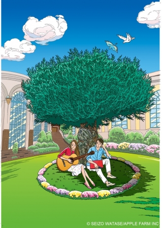 オリーブと噴水の広場を描いた新作版画「幸せいっぱいのOlive」