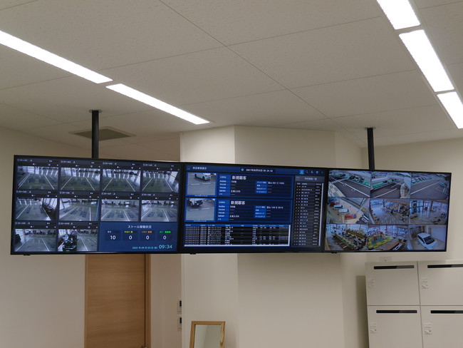 事務所用3連モニター。左からピット見える化画面、ナンバー認識通知画面、監視カメラ映像。