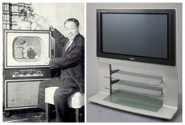 （左）ナショナルテレビ1号機完成を喜ぶ松下幸之助（1953年） （右）地上デジタル放送開始に合わせて開発された、薄型テレビ「ビエラ」1号機（2003年）