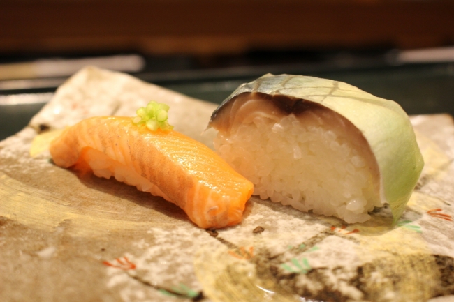 琵琶鱒握り、鯖棒寿司　「京極寿司」