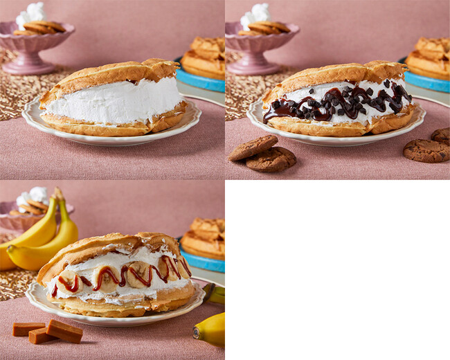 （写真左上から：ホイップ、ココアクッキーチョコ、左下：キャラメルバナナ）