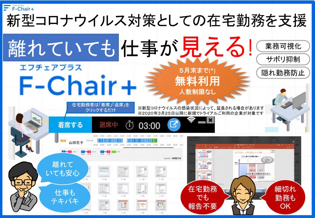 新型コロナウイルス対策としての在宅勤務の課題解決 F Chair エフチェアプラス 無料利用期間中の人数制限を解除 株式会社テレワークマネジメントのプレスリリース