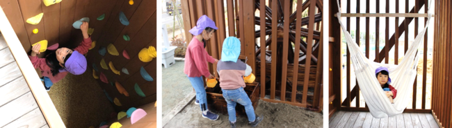 クライミング、水車、ハンモックで遊ぶ子どもたち