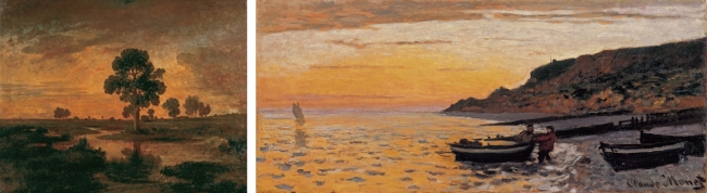（左）テオドール・ルソー《樫のある風景》制作年不詳 山梨県立美術館（右）クロード・モネ《サン＝タドレスの海岸》1864年 栃木県立美術館