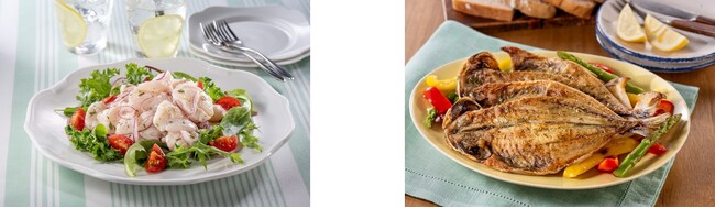 左から、ほたて貝柱のマリネ タラゴン風味、あじの干物のオリーブ油焼き ミックスハーブ風味 左から、ほたて貝柱のマリネ タラゴン風味、あじの干物のオリーブ油焼き ミックスハーブ風味