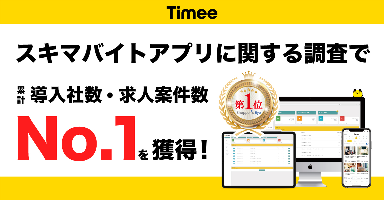 タイミーがスキマバイトアプリに関する調査で導入社数・求人案件数の部門においてNo.1を獲得