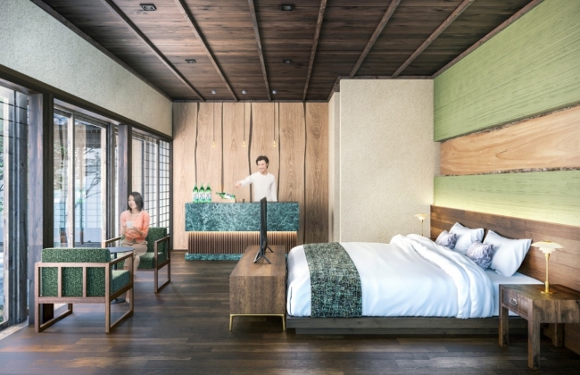 客室 「SUGI」 飫肥杉をテーマにした寝室と専⽤バースペース