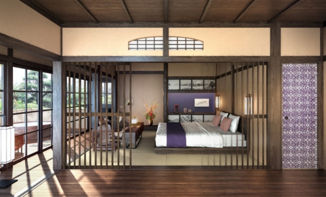 客室「HONMURASAKI」 飫肥の町の⾊である紫を基調とした寝室と温泉露天⾵呂