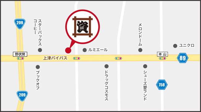 上津バイパス沿い、「野伏間」交差点近くにあります！