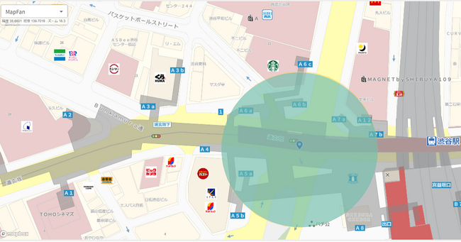 図3. 人流分析を行った渋谷スクランブル交差点周辺の分析エリア（指定エリア内で取得したGPSデータを元に解析）