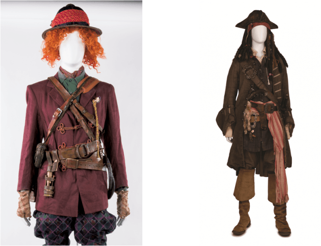 『アリス・イン・ワンダーランド／時間の旅』（左） 『パイレーツ・オブ・カリビアン／最後の海賊』（右） ジョニー・デップのアイディアが詰まった衣裳と小道具　©Disney　