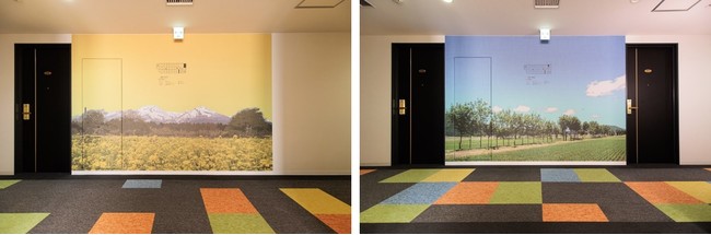 エレベーターホールのアート　（左）春「大洞原の菜の花畑」　（右）夏「夏井のハザ木」