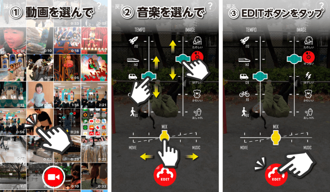 ①動画を選んで、②音楽を選んで、③editボタンをタップするだけ