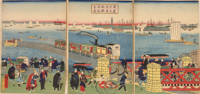 東京高輪海岸蒸気車鉄道の図　歌川広重(三代)画　1871年（明治4）　江戸東京博物館 所蔵 展示期間：9月18日（土）～10月24日（日）