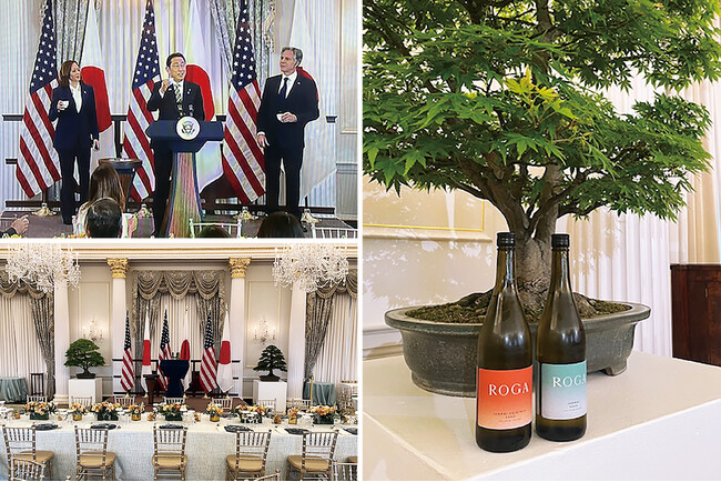 米国務省で開かれた昼食会で乾杯する岸田首相とハリス米副大統領、ブリンケン国務長官（写真左上）