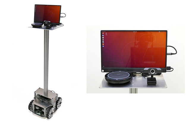 左：リモート制御オプション（搭載例） 右：HDMIディスプレイ、Web会議用スピーカーホン、 Webカメラが付属