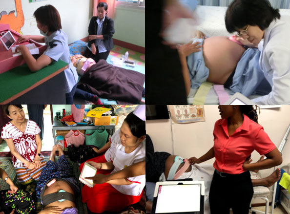 タイ・チェンマイ県（上2枚）／ミヤンマー・カレン州（下左）／南アフリカ・ヨハネスブルク（下右）での妊婦健診の様子