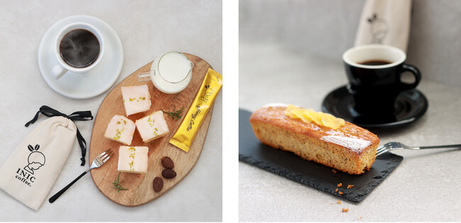 左／No.3ボックスは、フルーティーなレモンとしっとり生地が絶品のレモンケーキとアマンドショコラ、濃厚なハニーコーヒー＆秘密のコーヒーポーチ付き。右／最もお手軽なNo.4ボックスは、秋の訪れを感じる香り高いリンゴ紅茶ケーキと秘密のコーヒーポーチ付き