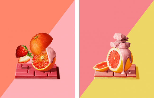左：ブラッドオレンジ＆ストロベリー/ 右：ダブルルビー（２種類のグレープフルーツ×Rubyチョコレート）