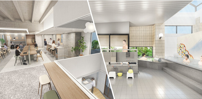 1階九谷焼タイル銭湯(サウナ付) 、2階カフェ&ワークラウンジ 1階九谷焼タイル銭湯(サウナ付) 、2階カフェ&ワークラウンジ