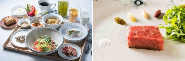 （写真左）朝食イメージ、（写真右）ディナー料理イメージ