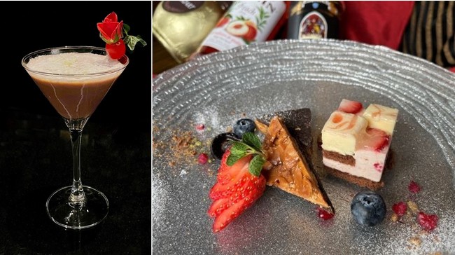 (写真左)バレンタイン限定カクテル(写真右)バレンタイン限定デザート2種盛り合わせ (写真左)バレンタイン限定カクテル(写真右)バレンタイン限定デザート2種盛り合わせ