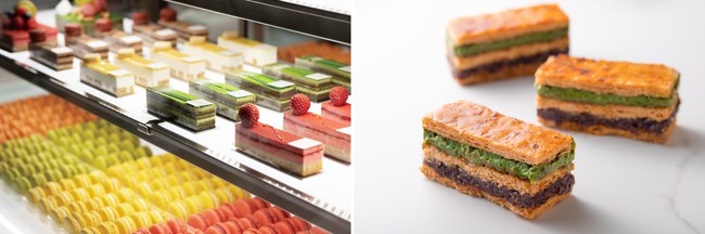 (左)色とりどりのスイーツが並ぶショーケース (右)烏丸御池店限定の「ミルフォイユ ダイナゴン オ マッチャ」 (左)色とりどりのスイーツが並ぶショーケース (右)烏丸御池店限定の「ミルフォイユ ダイナゴン オ マッチャ」