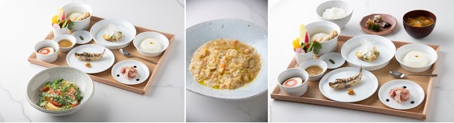 （左から）朝パスタ「トマトとハーブのスパゲッティ」、野菜スープ「パッパ」、御飯と椀物。小鉢6種はすべての朝食に付きます。