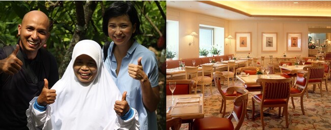 左：農園オンラインツアーでは、 農家の方とお話しいただけます。／右：イベント会場となる開放的なレストラン