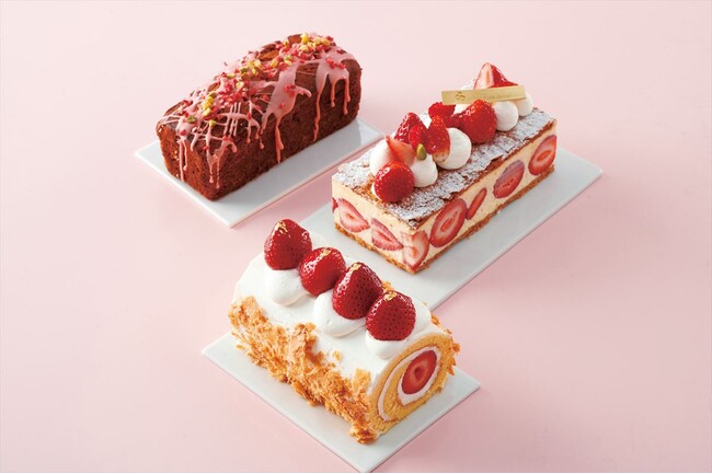 写真上から：いちごパウンドケーキ／いちごミルフィーユ／あまおうロールケーキ