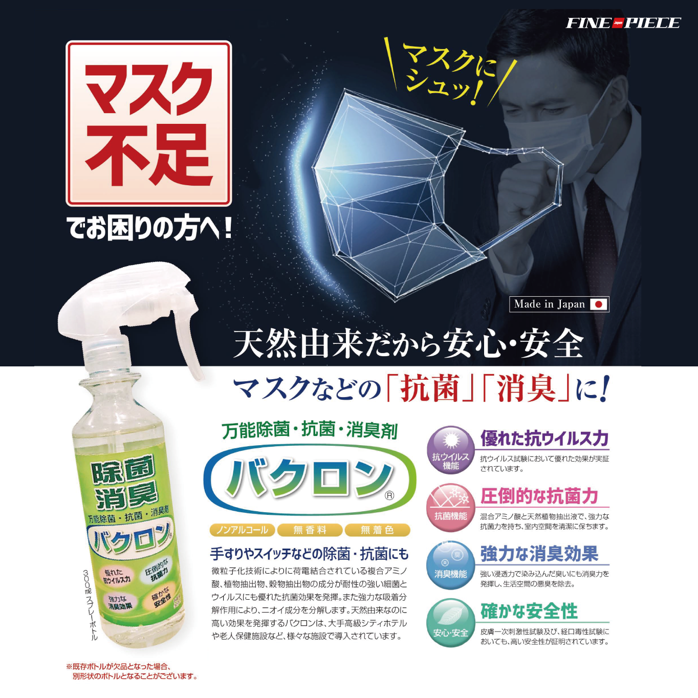 【日本が誇るビジネス大賞2020】マスク不足でお困りの方へ！画期的な除菌・消臭剤バクロン（ファインピース販売）が選出。自動ストップ機能付き超音波ミスト器「ビーパワー」とセットで室内・車内の除菌・消臭も