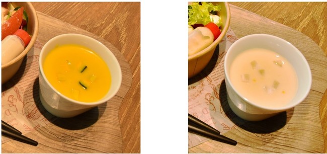（左から）パンプキンスープ、柚子香る蕪のポタージュスープ