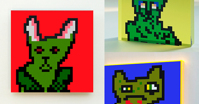 Zombie Zoo Cats作品（左：アクリルマウント／右上：アクリルキューブ／右下：ギャラクシーフレーム）