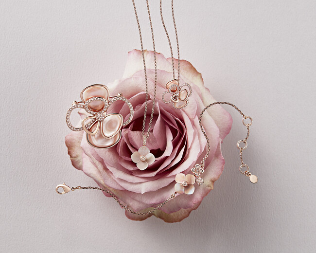 ブローチ¥27,500、シェルフラワー ネックレス¥18,700、シェルローズ ネックレス¥19,800、ブレスレット¥16,500 ブローチ¥27,500、シェルフラワー ネックレス¥18,700、シェルローズ ネックレス¥19,800、ブレスレット¥16,500