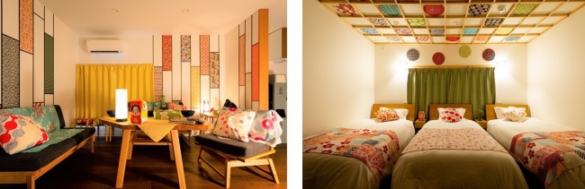 1階リビング：色とりどりの風呂敷に包まれたインテリア。　2階寝室：見上げるとカラフルな天井が広がります。