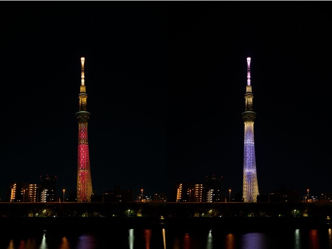 「BE THE SUN」をテーマにした オレンジ(左)から公式カラーRose Quartz＆Serenity(右)に変化する 特別ライティング　(C)TOKYO-SKYTREE 