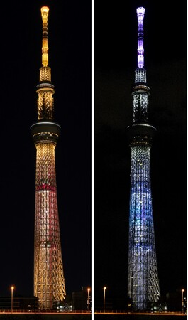 (左)バレンタインデー特別ライティング (右)ホワイトデー特別ライティング(C)TOKYO-SKYTREE