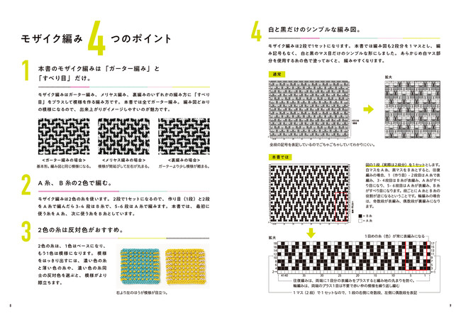 ２色の糸で生み出す幾何学模様が美しいモザイク編みの入門書にして決定