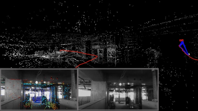 　(デプスカメラで建物内をスキャンし(左下)、3Dマップを生成する様子。柱等の構造が再現されている(写真中央上)柱等の構造が再現されている。赤線はロボットに装着したデプスカメラが現場をスキャンする際に通った軌道を示している。)