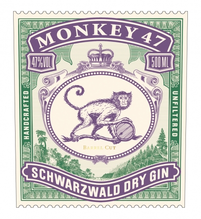 樽を持つ猿が描かれたラベルデザイン