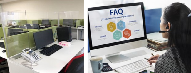 感染防止対策を施したコンタクトセンターオフィス内様子（左）、デジタル技術の活用イメージ（右）