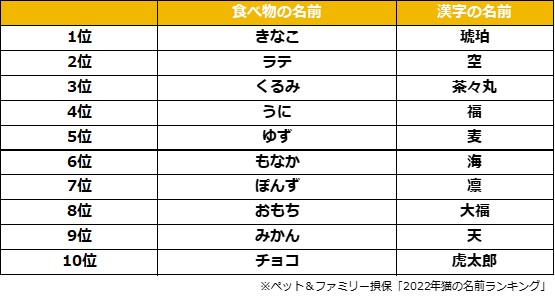 ペット ファミリー損保 ペットニュースストレージ 22年 猫の名前ランキング を発表 21年にペット保険に新規加入した0歳の猫の名前を大調査 雑記帳