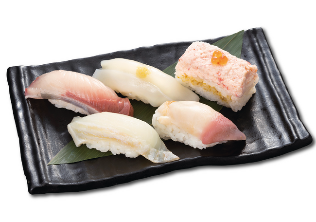 八十八鰤と北海五貫盛り(八十八鰤・むらさきいか・かに押し寿司 ・ひらめ・北寄貝) 990円 八十八鰤と北海五貫盛り(八十八鰤・むらさきいか・かに押し寿司 ・ひらめ・北寄貝) 990円