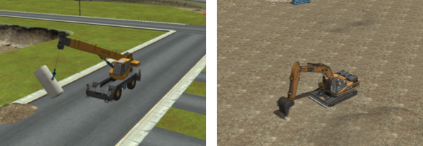 ◆シミュレーション実行画面：左はクレーン車による吊荷の揺れ止めタスク。右は油圧ショベルによる土の掘削タスク。