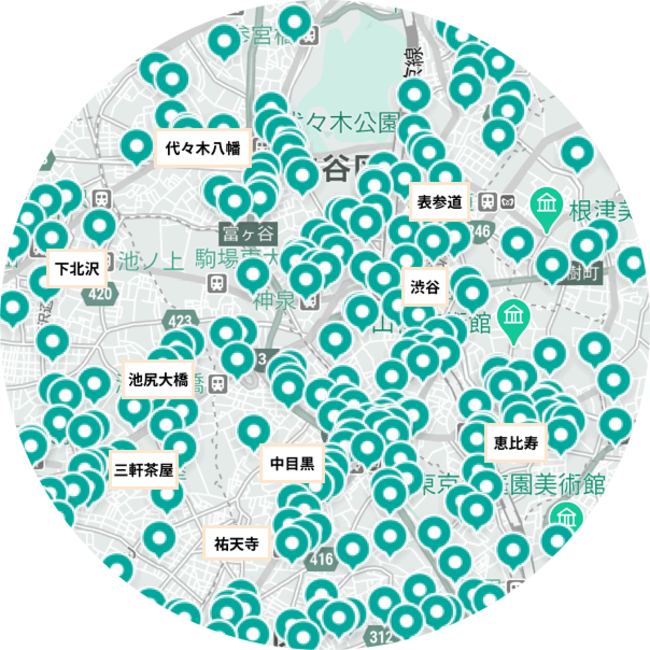 渋谷エリアのLUUPポートマップ（2021年3月15日時点）。六本木・赤坂・虎ノ門エリアと新宿エリアでも高密度なポート設置を目指す。