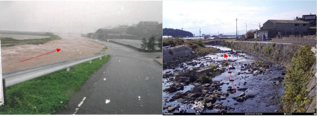 左）設置位置付近の洪水状況（長崎県提供）／右）設置したFieldCamにて撮影された佐奈河内川の画像